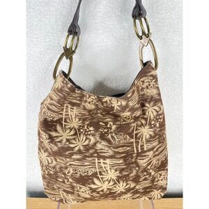 Braciano Brown Tropical Palm Tree Print Slouchy Hobo Shoulder Bag Brass Hardware